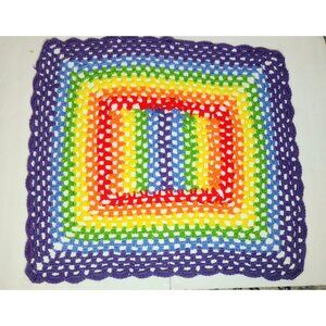 Handmade Crotchet Square Rainbow Lap Blanket Throw 31 x 33 Colorful